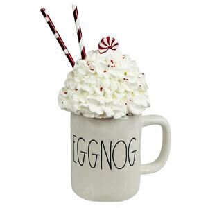 NEW Rae Dunn EGGNOG MUG Coffee Cup + Whip Cream & Straw Decor Topper LG 16oz